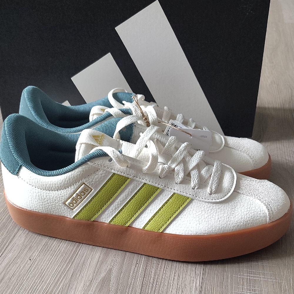 New Adidas White Sneakers with Lime Stripes and Gum Sole